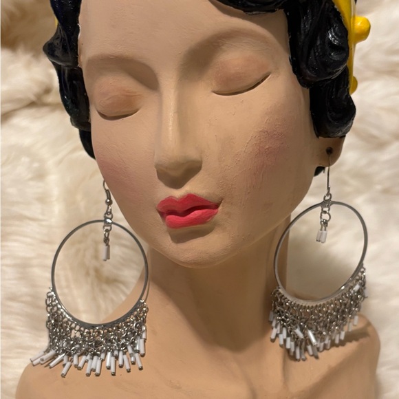 Large silver tone Hoop Earrings with hook backs. Chain dangle White Bead - Picture 3 of 10